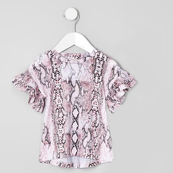 River Island Baby Girls Pink Snake Print Frill Sleeve T-Shirt - Picture 1 of 3